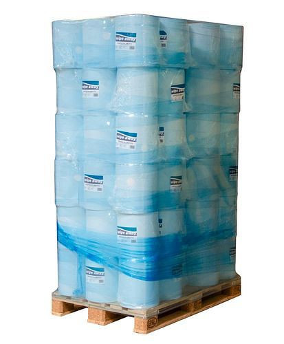 DENIOS oplosmiddelbestendige reinigingsdoeken, blauw, 1 palet, 42 pakken à 2 rollen, 289745