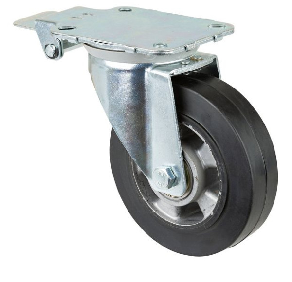 BS Castors Zwenkwiel met centrale rem, zwarte elastische banden, aluminium velg, kogellager, plaat, diameter: 160 mm, L440.B80.160