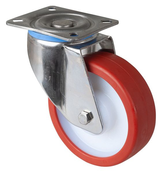 BS rollen RVS zwaarlastwiel zwenkwiel, RVS, wiel rood polyurethaan, glijlager, schroefplaat 125 mm, draagvermogen 300 kg, HS100.B27.125