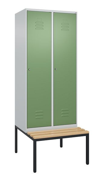 C+P luierkastje Classic PLUS met middenwand, bank, 2 vakken, 2120x800x815mm, 7035/6011, cilindersloten, beuken zitlat, 0800507-22F S10050