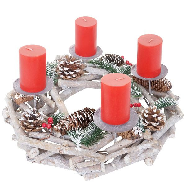 Mendler Adventskrans rond, kerstversiering tafelkrans, hout Ø 35cm witgrijs, met kaarsen, rood, 56575