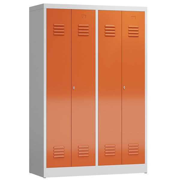 Lüllmann ClassiX kledingkast, 4 vakken, elk 2 sluitend in het midden, 1800 x 1185 x 500 mm, lichtgrijs/vuurrood, X-510444