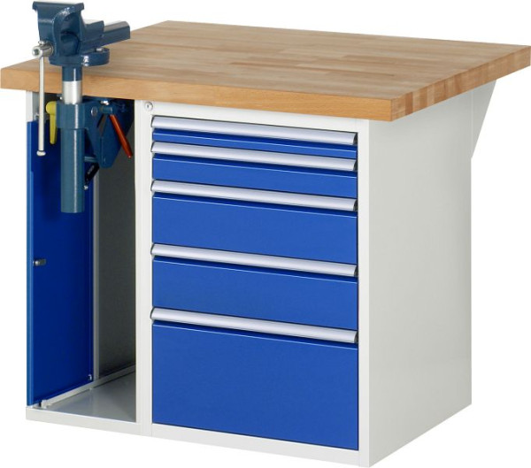 RAU werkbank serie 7000 - modulair ontwerp, 5 x laden, 1 x bankschroefkast, 1000x840x900 mm, 03-7511A2-109B4S.11