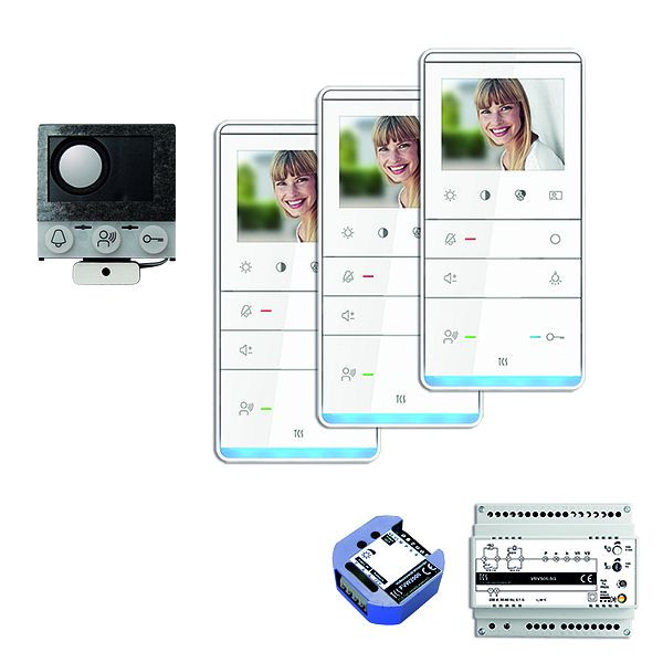 TCS video inbouw mailbox, 3 woonunits, ingebouwde luidspreker ASI12000 + 3x handsfree speaker IVW5111, besturingsapparaat + video tweedraadszender, PVIF030/001