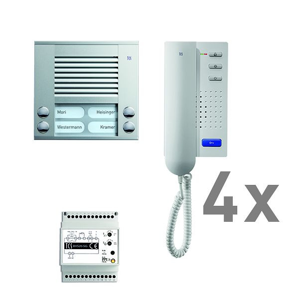 TCS deurbediening audio: pack AP voor 4 wooneenheden, met buitenpost PES 4 belknoppen, 4x deurtelefoon ISH3030, bedieningseenheid BVS20, PAAH042 / 001