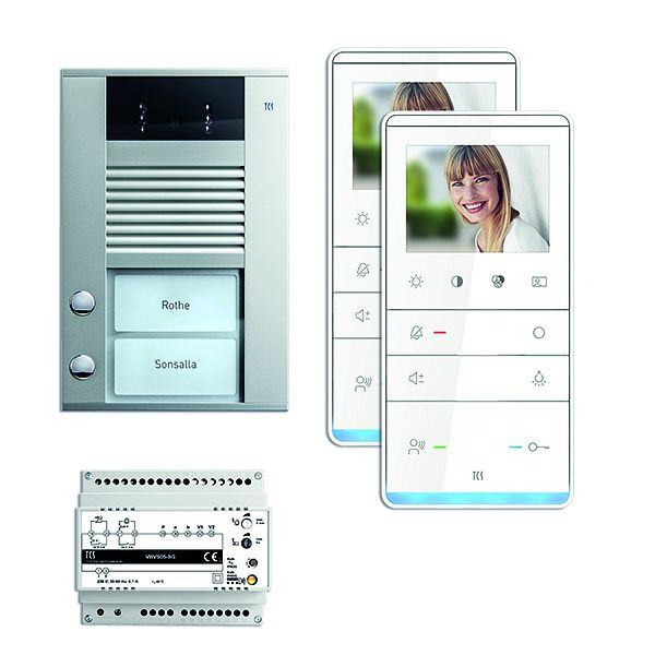 TCS deurbediening video: pack AP voor 2 wooneenheden, met voordeurstation AVD 2 belknoppen, 2x video handsfree luidspreker IVW5111, besturing, PVE16020-0010