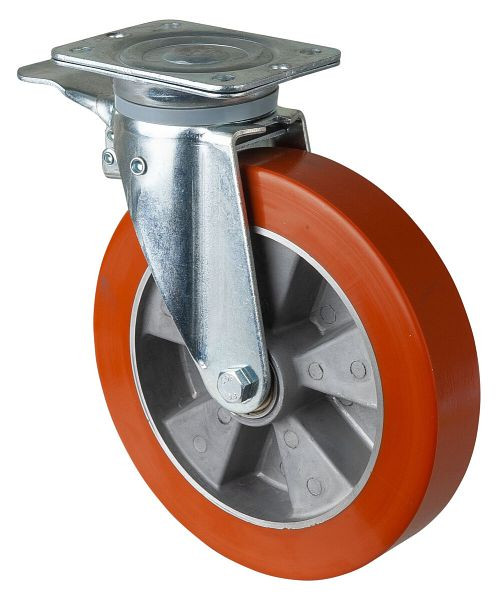 BS-wielen Zwaarlastwiel met rem, breedte 50 mm, Ø250 mm, tot 600 kg, polyurethaan gegoten 95 Shore A, aluminium behuizing, kogellager, N120.B90.252
