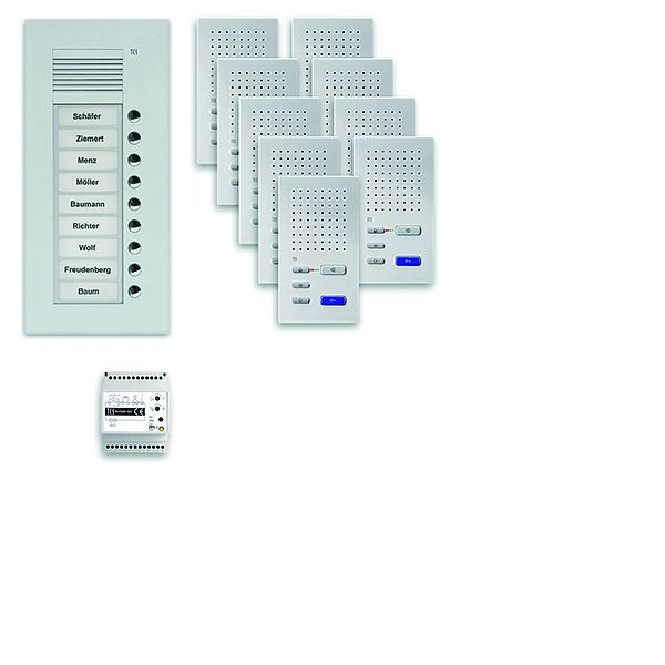 TCS deurbedieningssysteem audio: pack UP voor 9 wooneenheden, met buitenstation PUK 9 belknoppen, 9x handsfree luidspreker ISW3030, bedieningseenheid BVS20, PPUF09-EN / 02