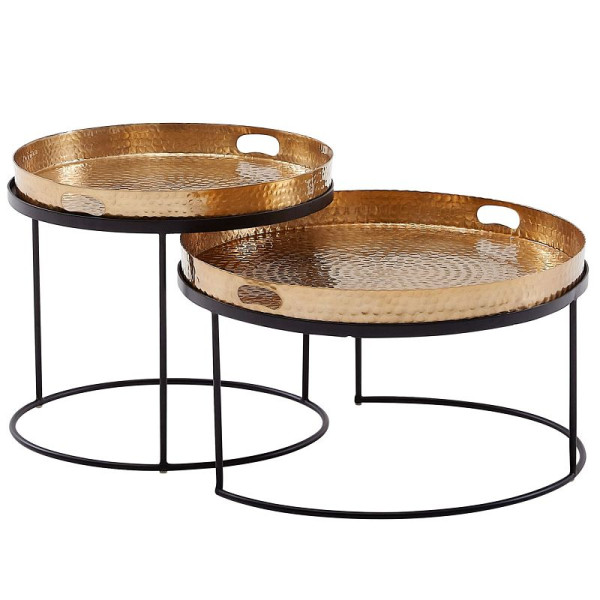 Wohnling salontafel set van 2 goud/zwart metaal gehamerd ronde tafel, banktafel afneembaar dienblad, dienblad tafelbank 2-delig modern, WL6.461