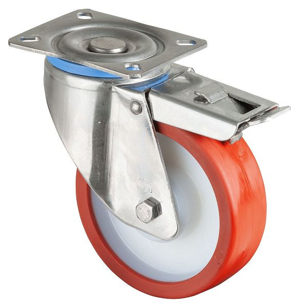 BS Wielen RVS zwaarlastwiel met rem, B40 mm, Ø125 mm, tot 300 kg, rood polyurethaan oppervlak, rollager, HS120.B28.125
