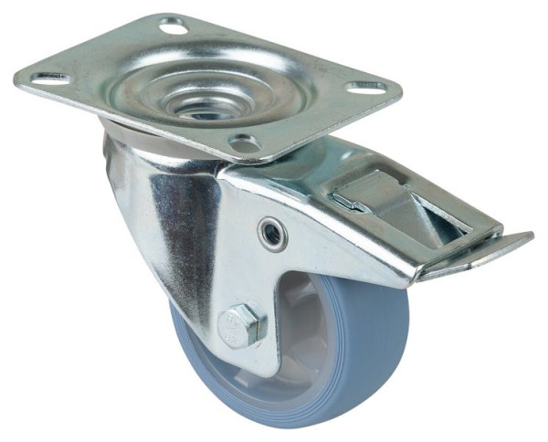 BS rollen transportwiel zwenkwiel met rem, thermoplastisch rubberen wiel, lichtblauwe band, rollager, plaat, 80 mm, VE = 4 stuks, L420.B44.081.05