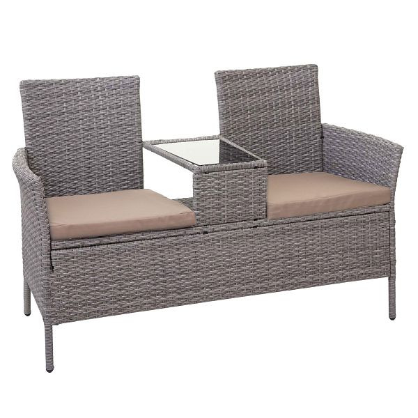 Mendler poly rotan bank met tafel HWC-E24, tuinbank zitgroep, tuinbank, 132cm, grijs, kussens creme, 65247