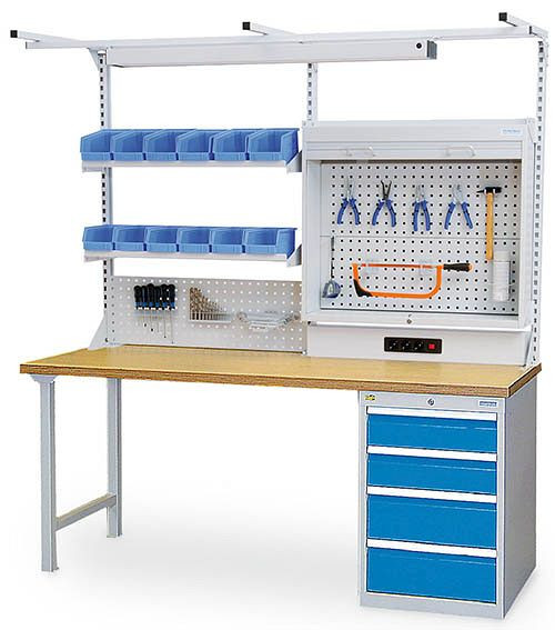 Bedrunka + Hirth meerwandige opbouw werklijn, met bovenframe, 1x energiekanaal, 1x geperforeerde wand, 1x multi-rolluikrek, 2x legbord, 2000 x 1250 mm, 03.900.21