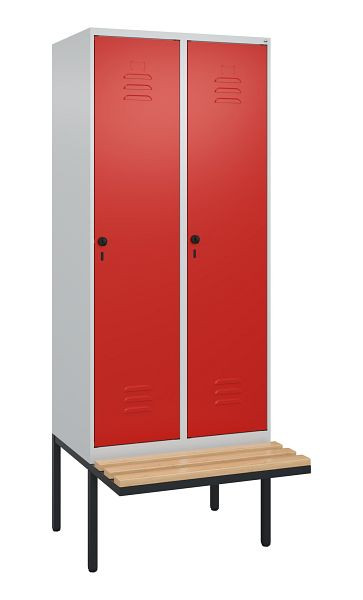 C+P Umkleidespind Classic PLUS, 2 Abteile, 2120x800x815mm, 7035/3020, Drehriegel, Buche-Sitzleisten, je 2 Doppel-Haken, 0800407-22F S10002