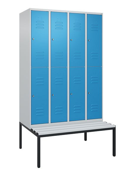 C+P dubbeldekskast Classic PLUS, 4 vakken, 2120x1200x815mm, 7035/5012, cilindersloten, met bank eronder, 0803507-40 S10019
