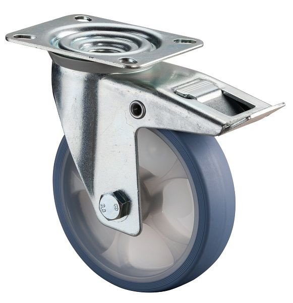 BS rollen transportwiel zwenkwiel met rem, thermoplastisch rubberen wiel, lichtblauwe band, rollager, plaat, 125 mm, VE = 2 stuks, L420.B44.126.05