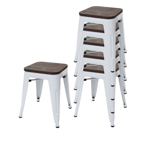 Mendler set van 6 krukken HWC-A73 incl. houten zitting, metalen kruk kruk, metaal industrieel design, stapelbaar, wit, 70398 + 70772
