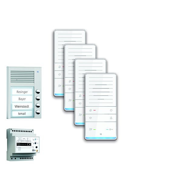 TCS deurbediening audio: pack AP voor 4 woonunits, met buitenstation PAK 4 belknoppen, 4x handsfree luidspreker ISW5031, bedieningsunit BVS20, PAAF041 / 001