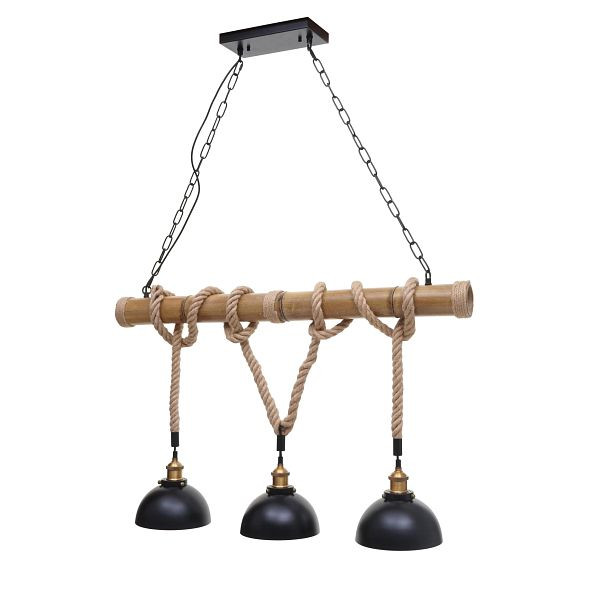Mendler hanglamp HWC-H82, hanglamp hanglamp, industrieel vintage bamboe touw metaal zwart, 3x koepel lampenkap, 74201