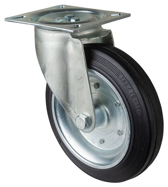 BS rollen transportrol, wielbreedte 70 mm, wiel-Ø 280 mm, draagvermogen 350 kg, zwart rubber, wiellichaam stalen velg, rollager, plaat, L400.B55.280