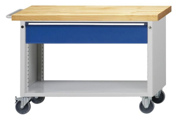ANKE werkplaatswagen; 1140x650x850 mm; RAL 7035/5010; Massief beuken blad 40 mm; 1-delige behuizing (open aan de achterkant); 1x doorlopende lade 180 mm, 460.151