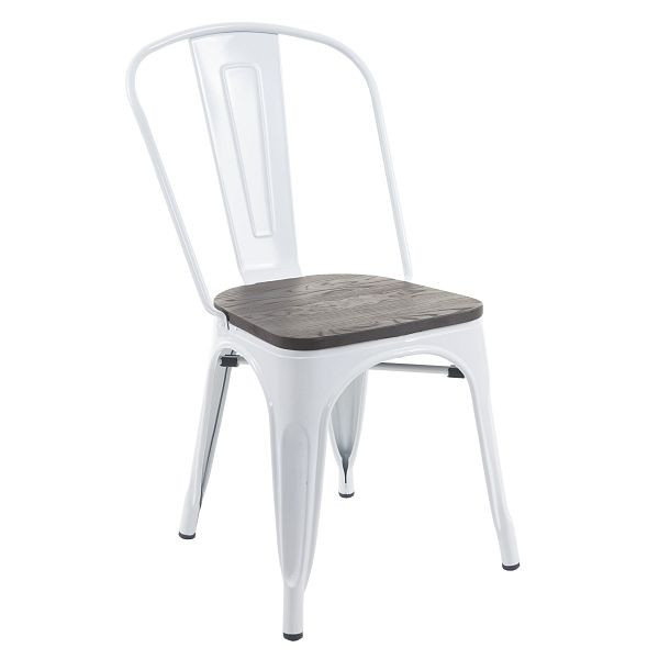 Mendler stoel HWC-A73 incl. houten zitting, bistrostoel, stapelbare stoel, metaal industrieel design, stapelbaar, wit, 74894