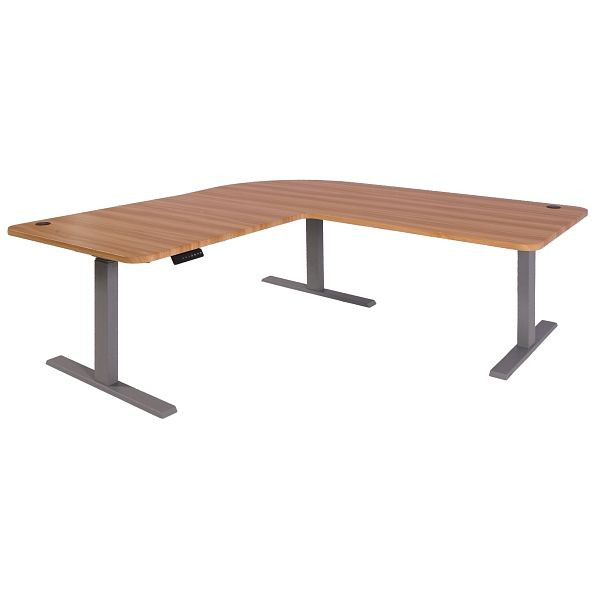 Mendler hoekbureau HWC-D40, computerbureau, elektrisch in hoogte verstelbaar 178x178cm 84kg, eiken decor, grijs, 75754+62772