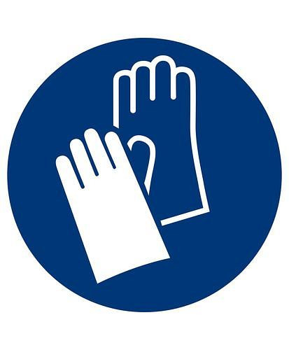 DENIOS verplichte bord "Gebruik handschoenen", ISO 7010, folie, zelfklevend, 50 mm, verpakking: 10 vellen à 6 stuks, 285087