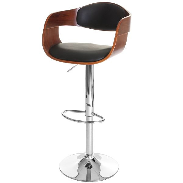 Mendler barkruk HWC-A47, barkruk, houten gebogen hout retro design, walnoot look, zwart kunstleer, 50048