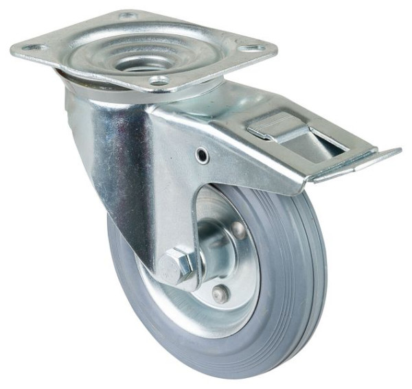 BS rollen transportrol met rem, breedte 40 mm, Ø160 mm, tot 135 kg, grijs rubberen loopvlak, wiellichaam stalen velg, rollager, plaat, L420.B56.160