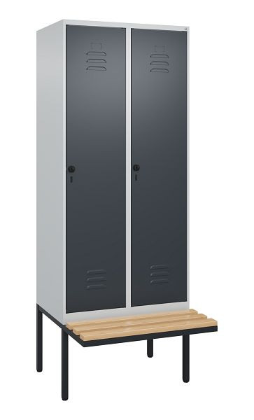 C+P Umkleidespind Classic PLUS, 2 Abteile, 2120x800x815mm, 7035/7016, Drehriegel, Buche-Sitzleisten, je 2 Doppel-Haken, 0800407-22F S10008