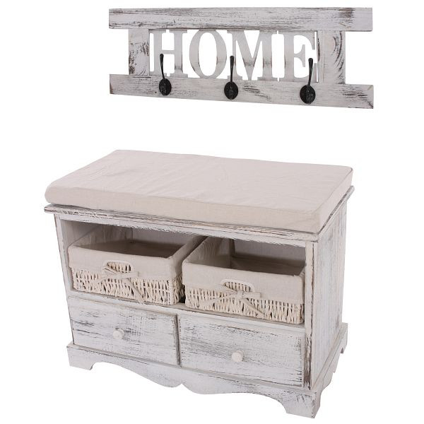 Mendler kledingkast met bank ladekast met 2 manden 42x62x33cm, shabby look, vintage, wit, 30441