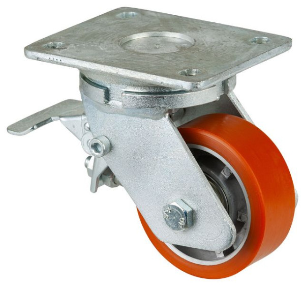 BS-wielen Zwaarlastwiel met wiel/slot, B30 mm, Ø100 mm, tot 200 kg, oppervlak gegoten polyurethaan 95 Shore A, aluminium, kogellager, RR120.B90.101