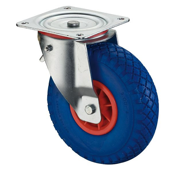 BS rollen transportrol met rem, breedte 85 mm, Ø260 mm, tot 160 kg, blauwe polyurethaan banden, rode kunststof behuizing, rollager, L420.D16.260