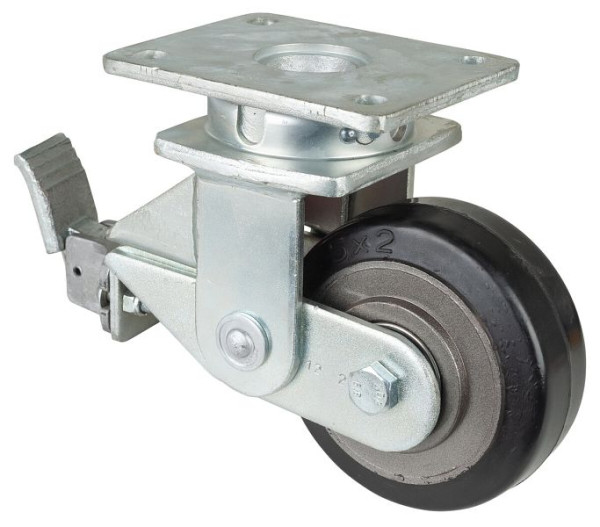 BS-wielen Geveerde zwaarlastwielen met rem, breedte 50 mm, Ø125 mm, tot 275 kg, zwarte elastische banden, gegoten wiellichaam, kogellagers, T120.B81.125