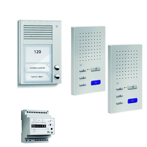 TCS deurbediening audio: pack AP voor 2 wooneenheden, met buitenpost PAK 2 belknoppen, 2x handsfree luidspreker ISW3130, bedieningseenheid BVS20, PSC2220-0000
