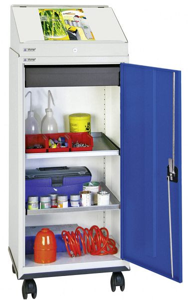 stumpf kast serie 3000, verrijdbaar, RAL 7035/5010, 1 schrijftafel, 1 lade, 2 dienbladvloeren, verrijdbare bodem, 3091174