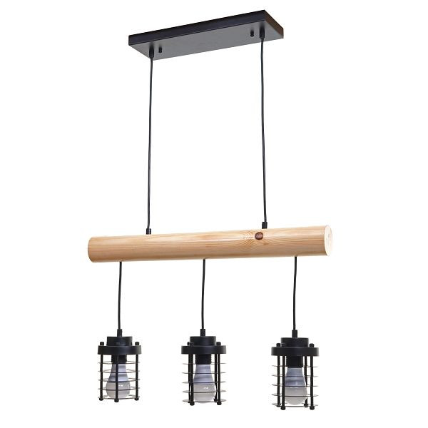 Mendler hanglamp HWC-H83, hanglamp hanglamp, industrieel vintage massief hout metaal zwart, 3 kooi lampenkappen, 74208