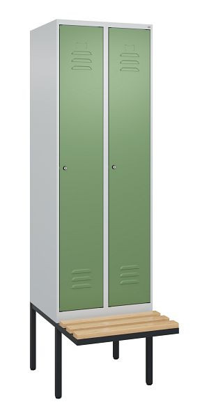 C+P Umkleidespind Classic PLUS, 2 Abteile, 2120x600x815mm, 7035/6011, Zylinderschlösser, Buche-Sitzleisten, je 2 Doppel-Haken, 0800407-20F S10050