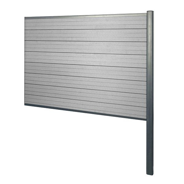 Mendler WPC inkijkbescherming Sarthe, schutting windbescherming, aluminium paal voor inbetonnering, aanbouwelement, 185cm grijs, 64888+76231+76234+76258