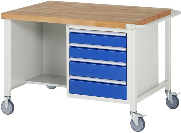 RAU verrijdbare werkbank 8000 - model 8463, B1250xD900xH880-1080mm, dubbele onderbouw bak, links: plank, rechts: 2xH120, 2xH150mm, 05-8463A2-129B4H.11