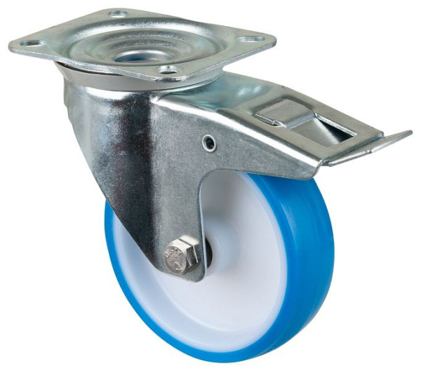 BS rollen transportrol met rem, breedte 35 mm, Ø150 mm, tot 200 kg, blauw polyurethaan, kunststof behuizing, rollager, plaat, L420.B36.150