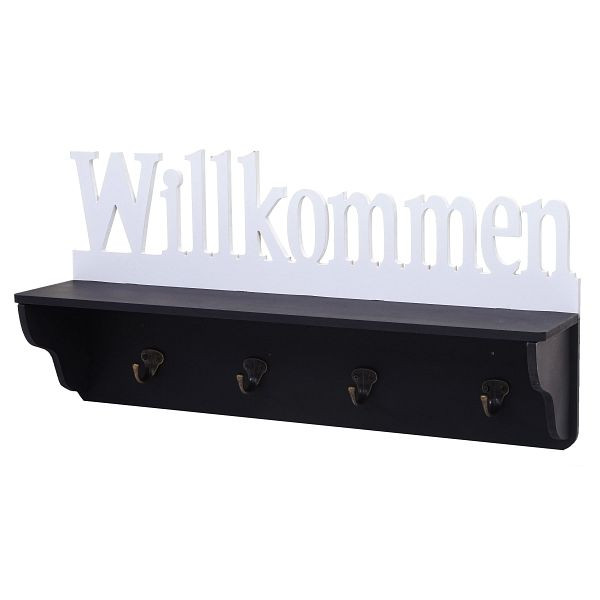 Mendler wandkapstok HWC-D41 Welcome, kapstok, 4 stevige haken 30x60x13cm, zwart/wit, 62801