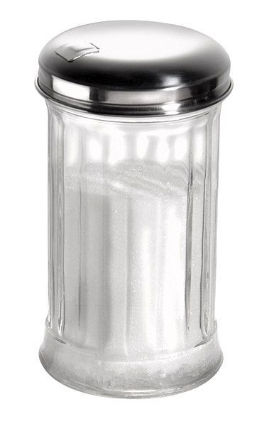 APS suikerdispenser, Ø 7,5 cm, hoogte: 13,5 cm, 320 ml, glazen container, roestvrijstalen schroefdeksel, met doseerklep, 40487