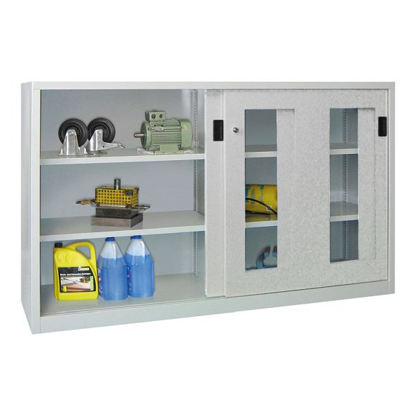 Pavoy Schwerlastschiebetürschrank 1200/2000/600, Mitteltrennwand, 4 gepulverte Fachböden; Sichtfenstertüren; Drehdruckzylinderschloss, 30331-200-691-716204