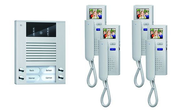 TCS deurbediening video: pack AP voor 4 wooneenheden, met voordeurstation AVE 4 belknoppen, 4x videodeurtelefoon IVH3222, bediening, PVE1540-0010