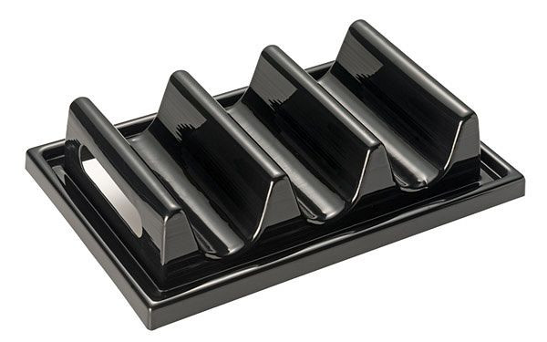APS snackpresentator - 3 troggen, 29 x 19 cm, hoogte: 6,5 cm, polystyreen, zwart, met sapgleuf, met verzonken handgreep, 11887