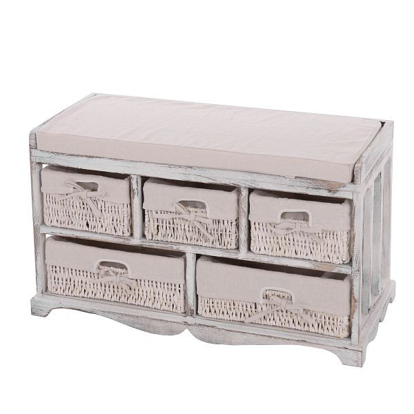 Mendler dressoir en bank met 5 lades, 45x77x36cm, shabby look, vintage, wit, 30445
