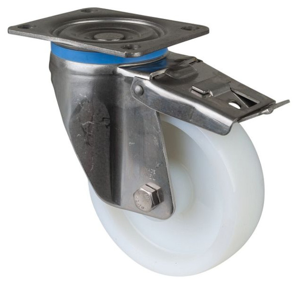 BS rollen RVS zwaarlastwiel zwenkwiel met rem, RVS, kunststof wiel, glijlager, schroefplaat 150 mm 450 kg, HS120.A90.151