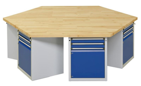 ANKE zeshoekige groepswerkbank; 6 werkplekken; 2340x2700 mm; RAL 7035/5010; Massief beuken blad 50 mm; Randlengte 1350 mm, model 602 VG